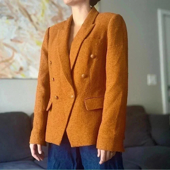 L'agence Kenzie Double-Breasted Tweed Blazer - Dark Caramel - Size 10 - Picture 1 of 14